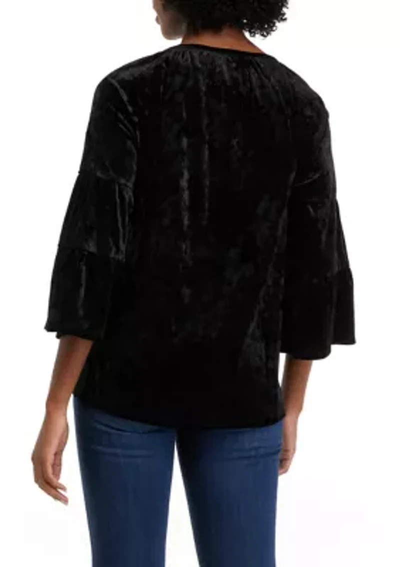 Women's 3/4 Sleeve Velvet Embroidered Peasant Top