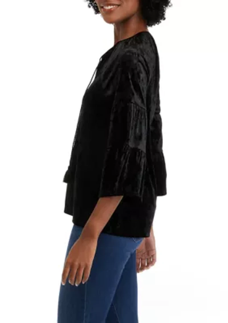 Women's 3/4 Sleeve Velvet Embroidered Peasant Top