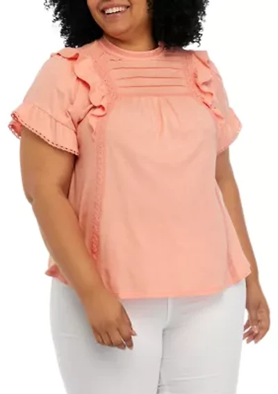 Plus Flutter Sleeve Lace Trim Shirt