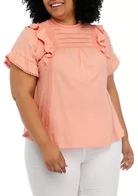 Plus Flutter Sleeve Lace Trim Shirt