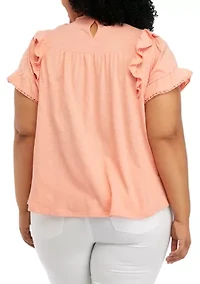Plus Flutter Sleeve Lace Trim Shirt