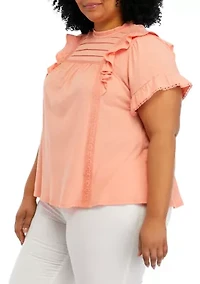 Plus Flutter Sleeve Lace Trim Shirt