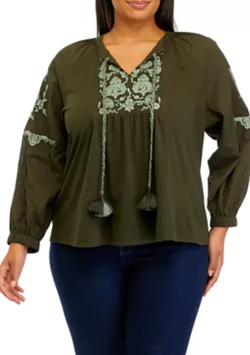 Plus Split Neck Embroidered Top