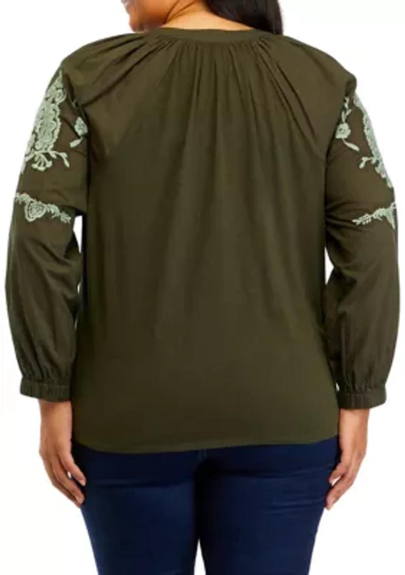 Plus Split Neck Embroidered Top