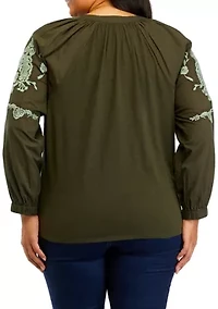 Plus Split Neck Embroidered Top