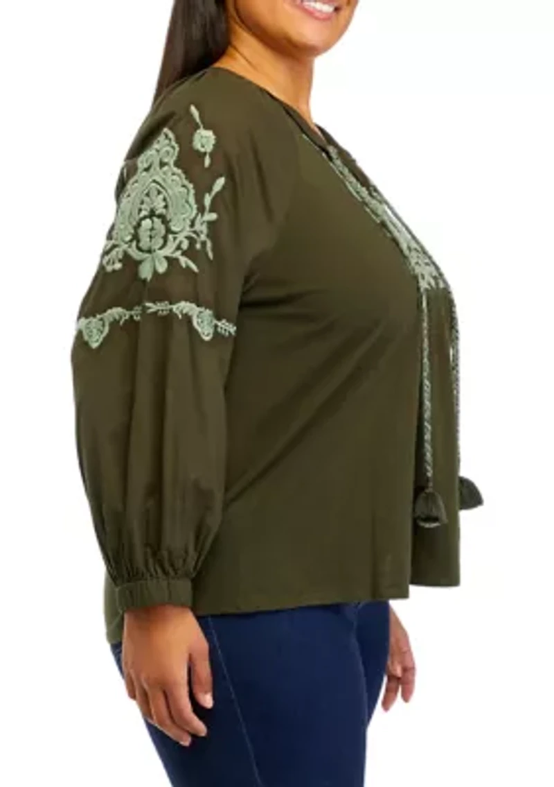 Plus Split Neck Embroidered Top