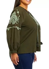 Plus Split Neck Embroidered Top