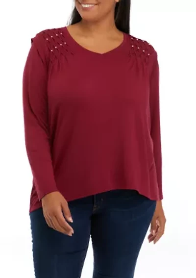 Plus V-Neck Lace Trim Top