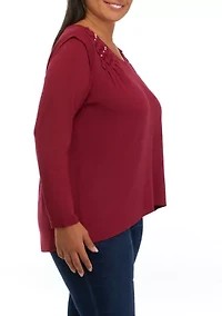 Plus V-Neck Lace Trim Top