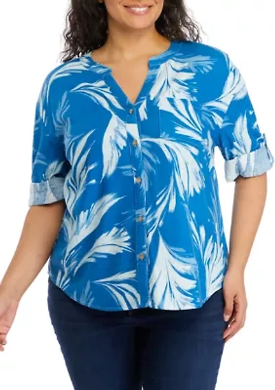 Plus Roll Tab Sleeve Printed Split Neck Top