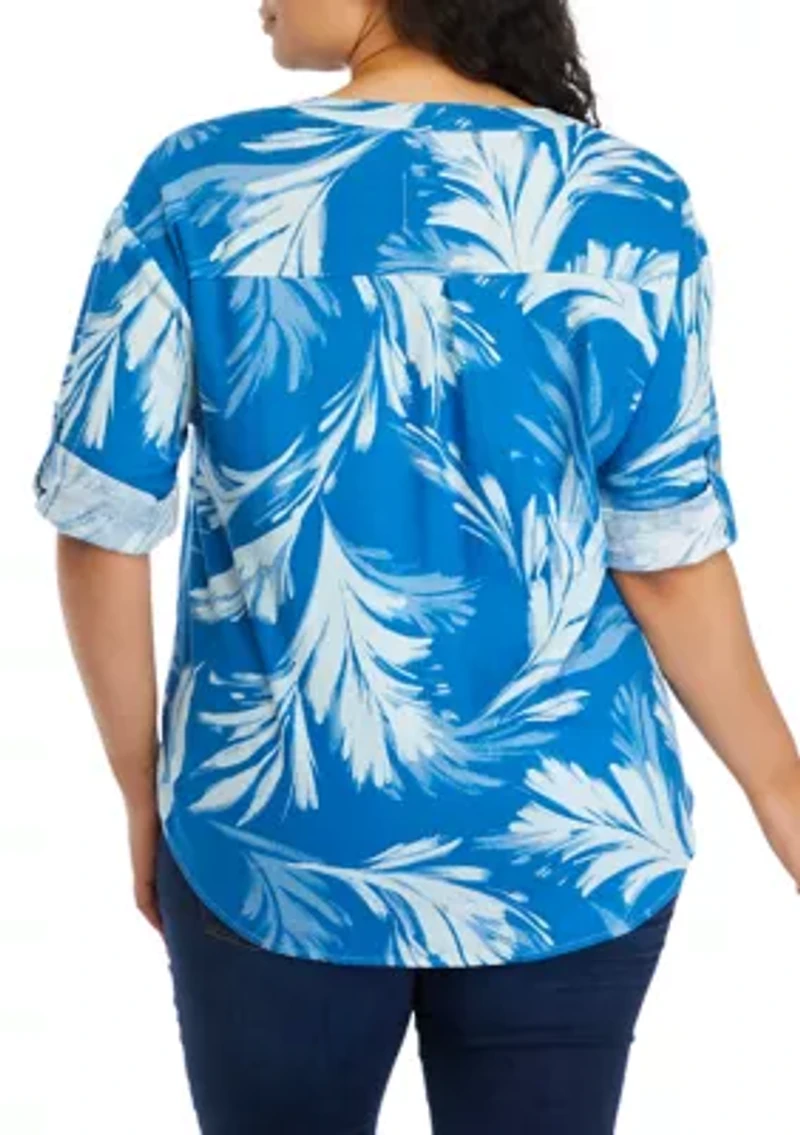 Plus Roll Tab Sleeve Printed Split Neck Top
