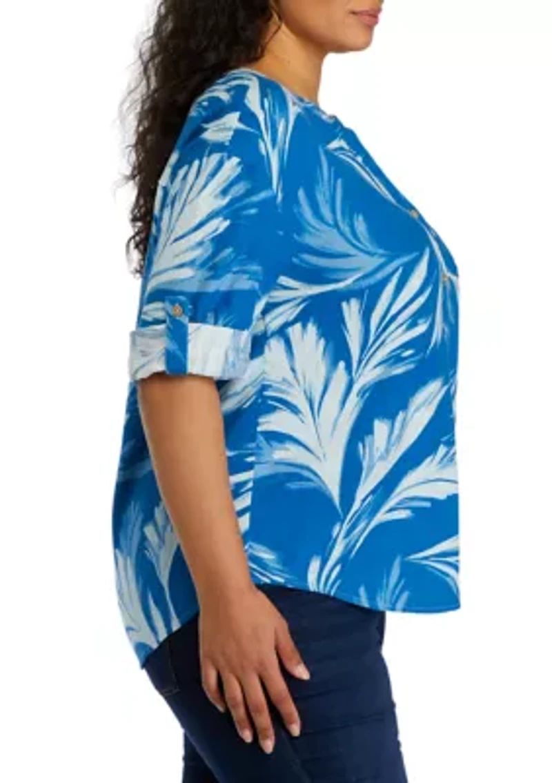 Plus Roll Tab Sleeve Printed Split Neck Top
