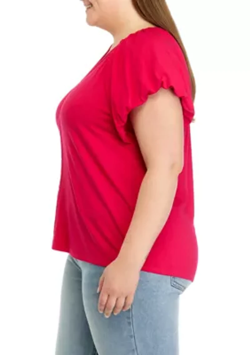 Plus Solid Flutter Sleeve Top