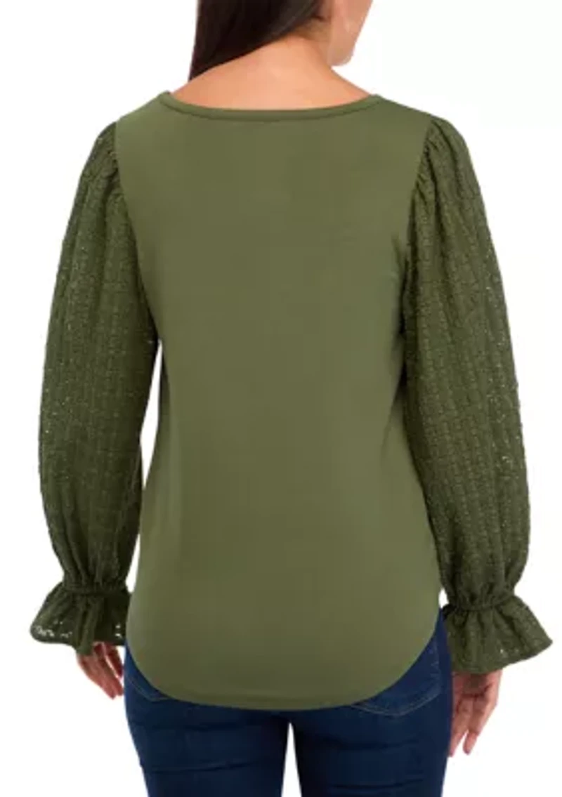 Women's Puff Sleeve Lace Trim Top