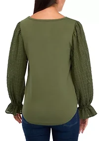 Women's Puff Sleeve Lace Trim Top