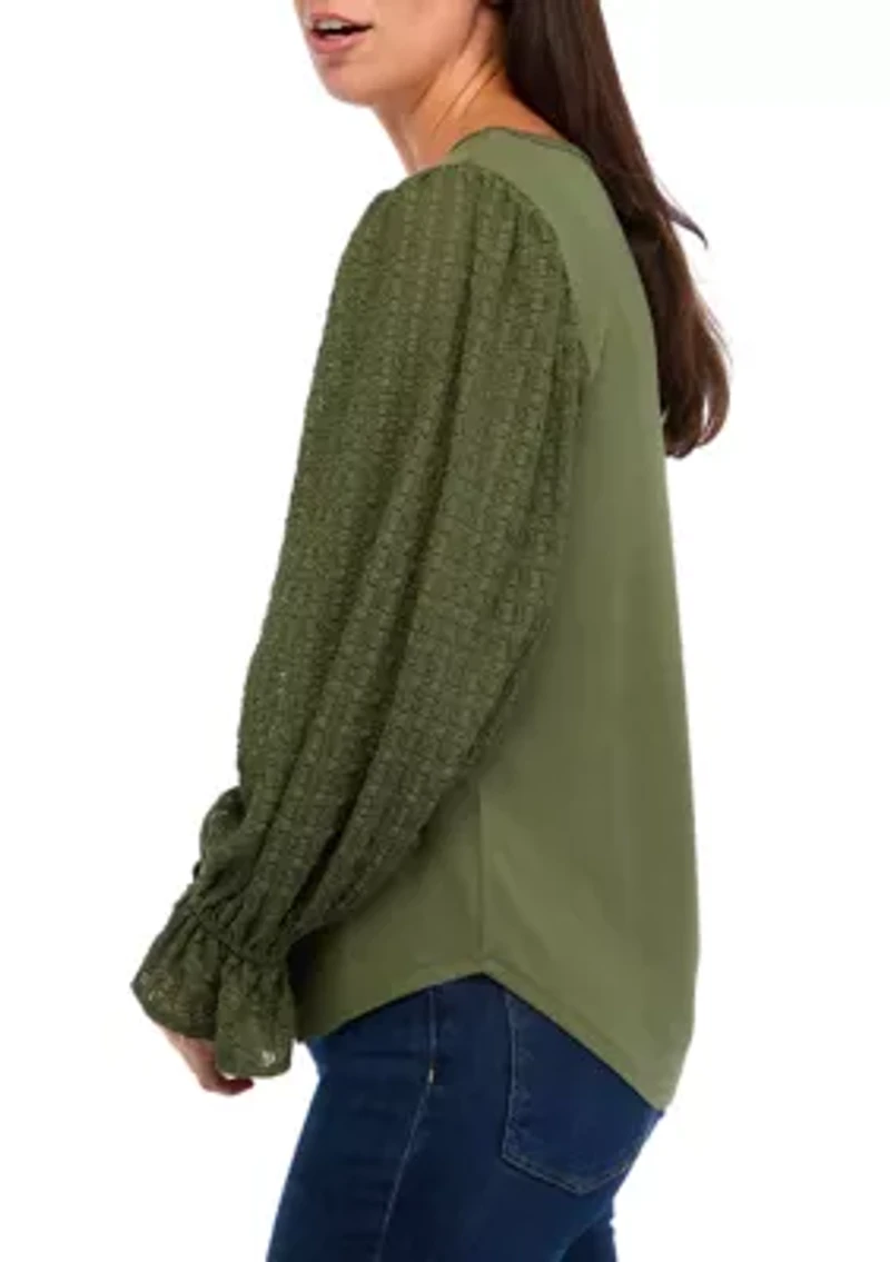 Women's Puff Sleeve Lace Trim Top