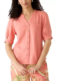 Women's Short Blouson Sleeve Split Neck Shirt