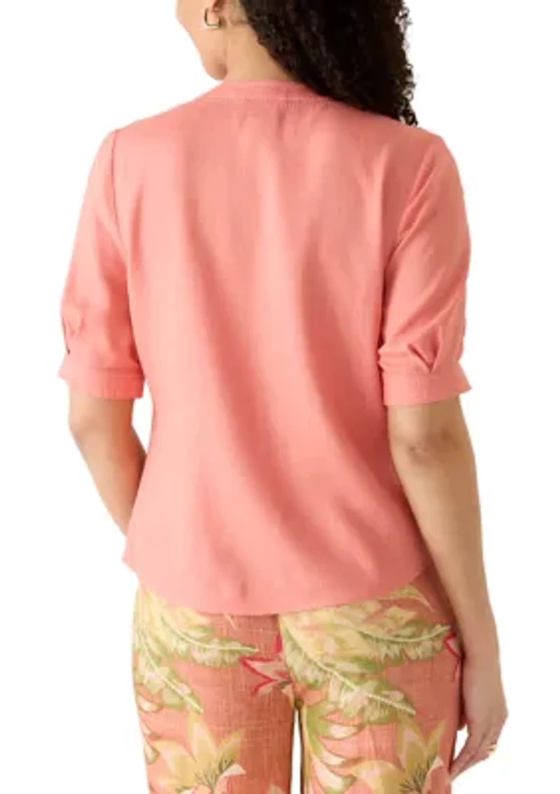 Women's Short Blouson Sleeve Split Neck Shirt