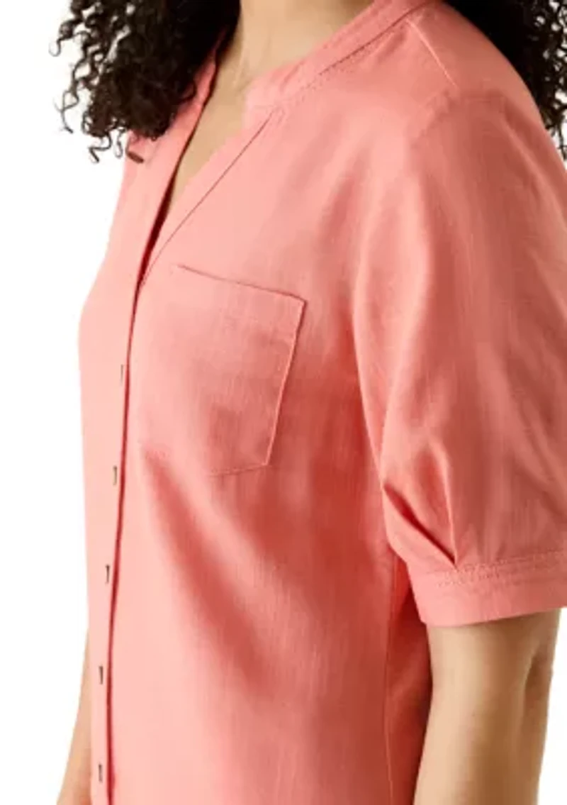 Women's Short Blouson Sleeve Split Neck Shirt