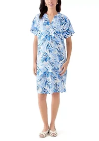 Women's Split Neck Printed Linen-Blend Dress