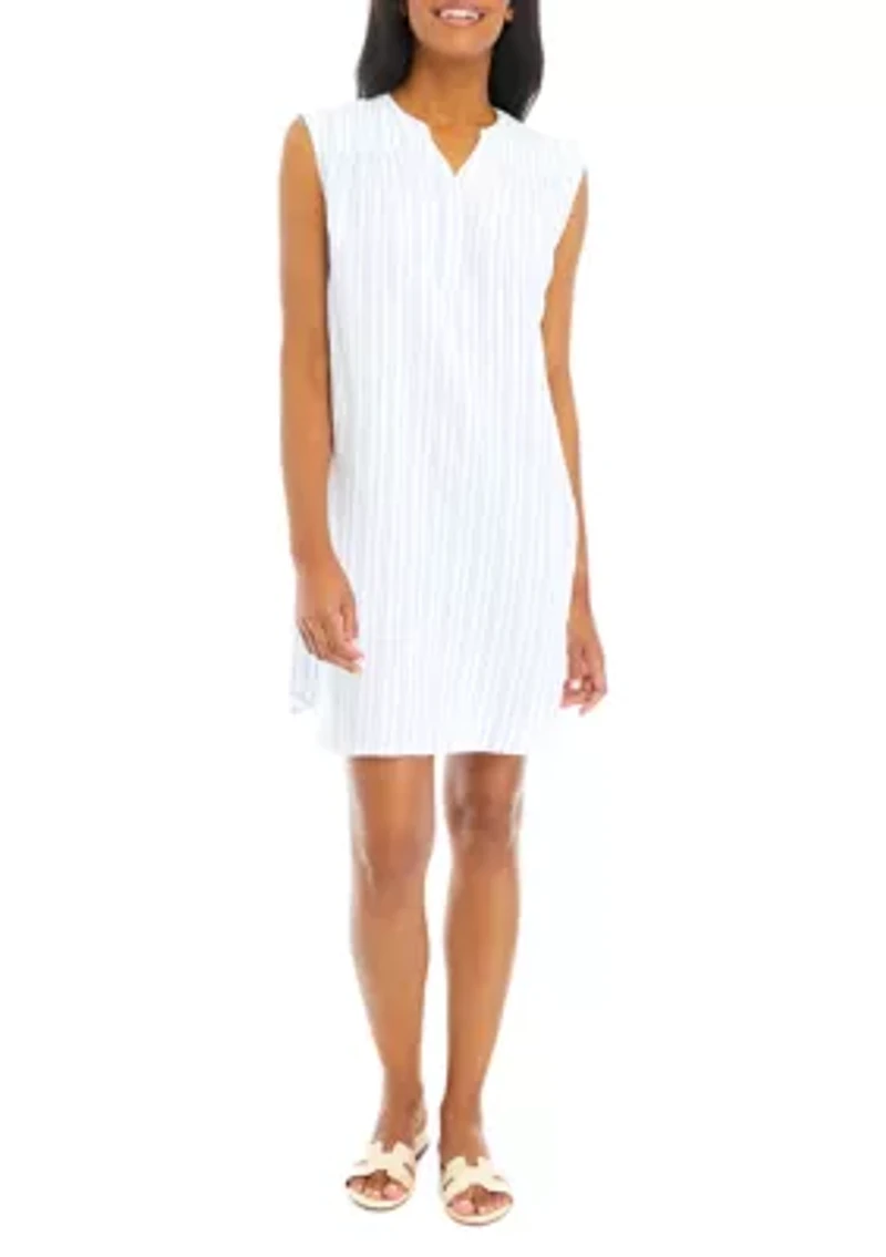Petite Sleeveless Linen Henley Stripe Dress