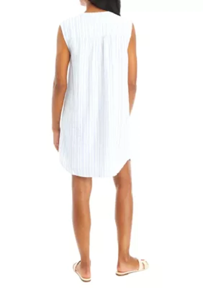 Petite Sleeveless Linen Henley Stripe Dress