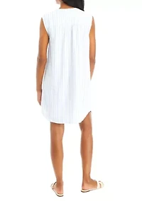 Petite Sleeveless Linen Henley Stripe Dress