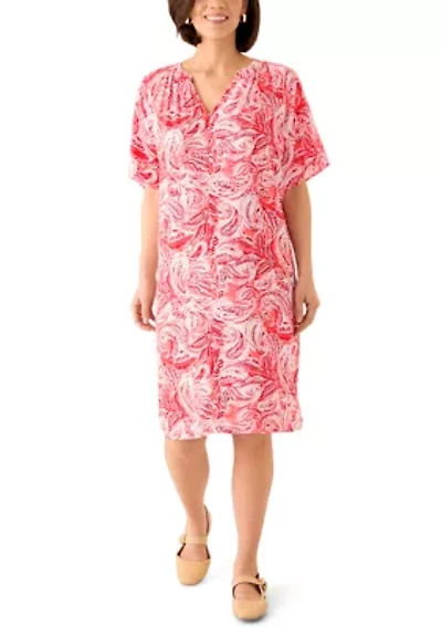 Petite Short Sleeve Split Neck Printed Dress