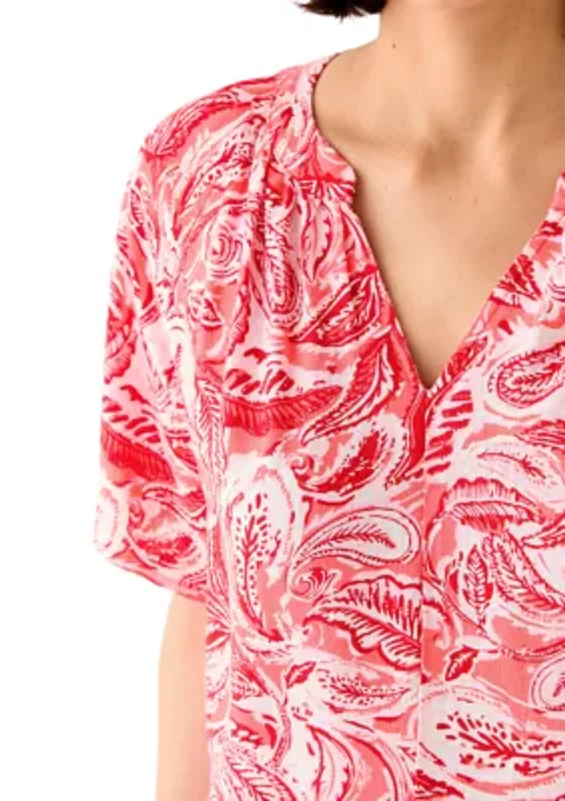 Petite Short Sleeve Split Neck Printed Dress
