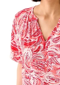Petite Short Sleeve Split Neck Printed Dress