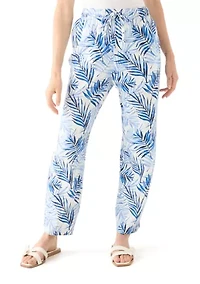 Petite Pull On Printed Linen Blend Trousers