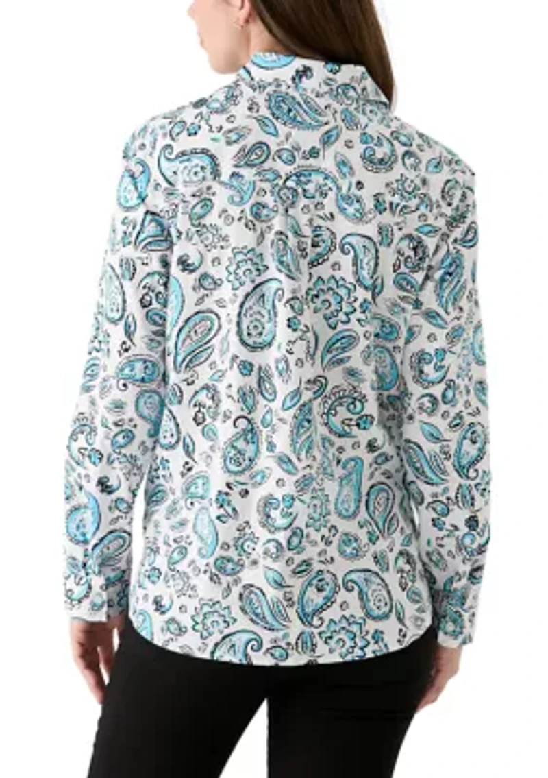 Women's Long Roll Tab Sleeve Paisley Linen Blend Shirt