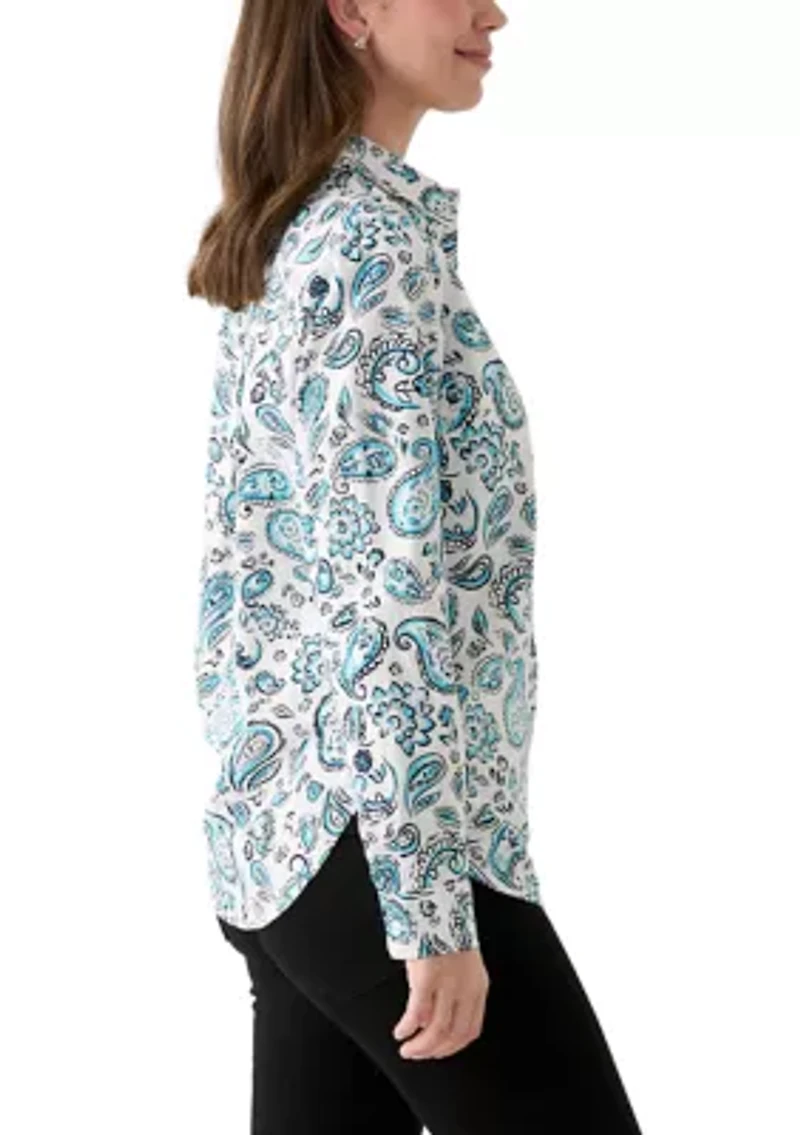Women's Long Roll Tab Sleeve Paisley Linen Blend Shirt