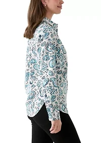 Women's Long Roll Tab Sleeve Paisley Linen Blend Shirt