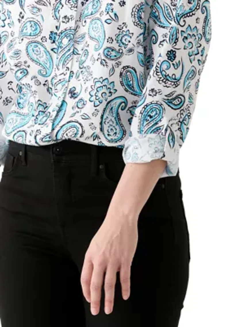 Women's Long Roll Tab Sleeve Paisley Linen Blend Shirt