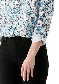 Women's Long Roll Tab Sleeve Paisley Linen Blend Shirt