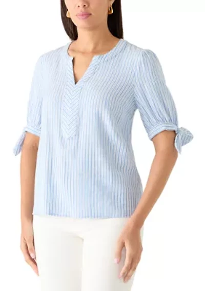 Women's Elbow Sleeves Tie Detail Linen Top