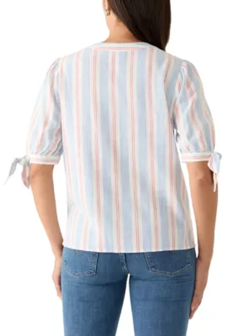 Women's Elbow Sleeves Tie Detail Linen Top