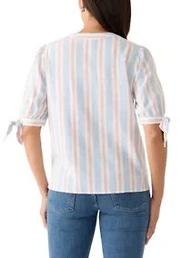 Women's Elbow Sleeves Tie Detail Linen Top