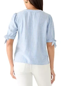 Women's Elbow Sleeves Tie Detail Linen Top