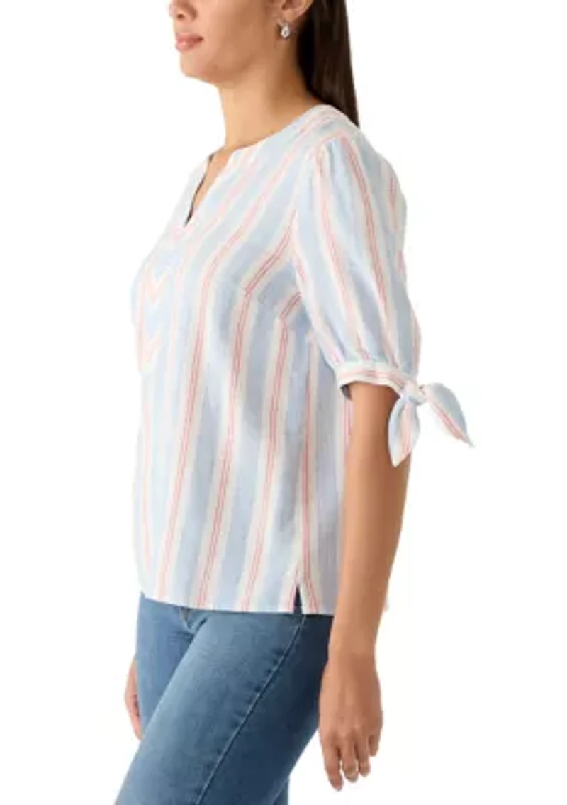 Women's Elbow Sleeves Tie Detail Linen Top