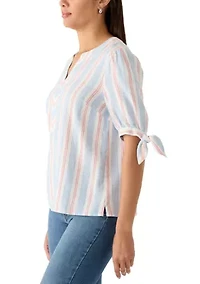 Women's Elbow Sleeves Tie Detail Linen Top