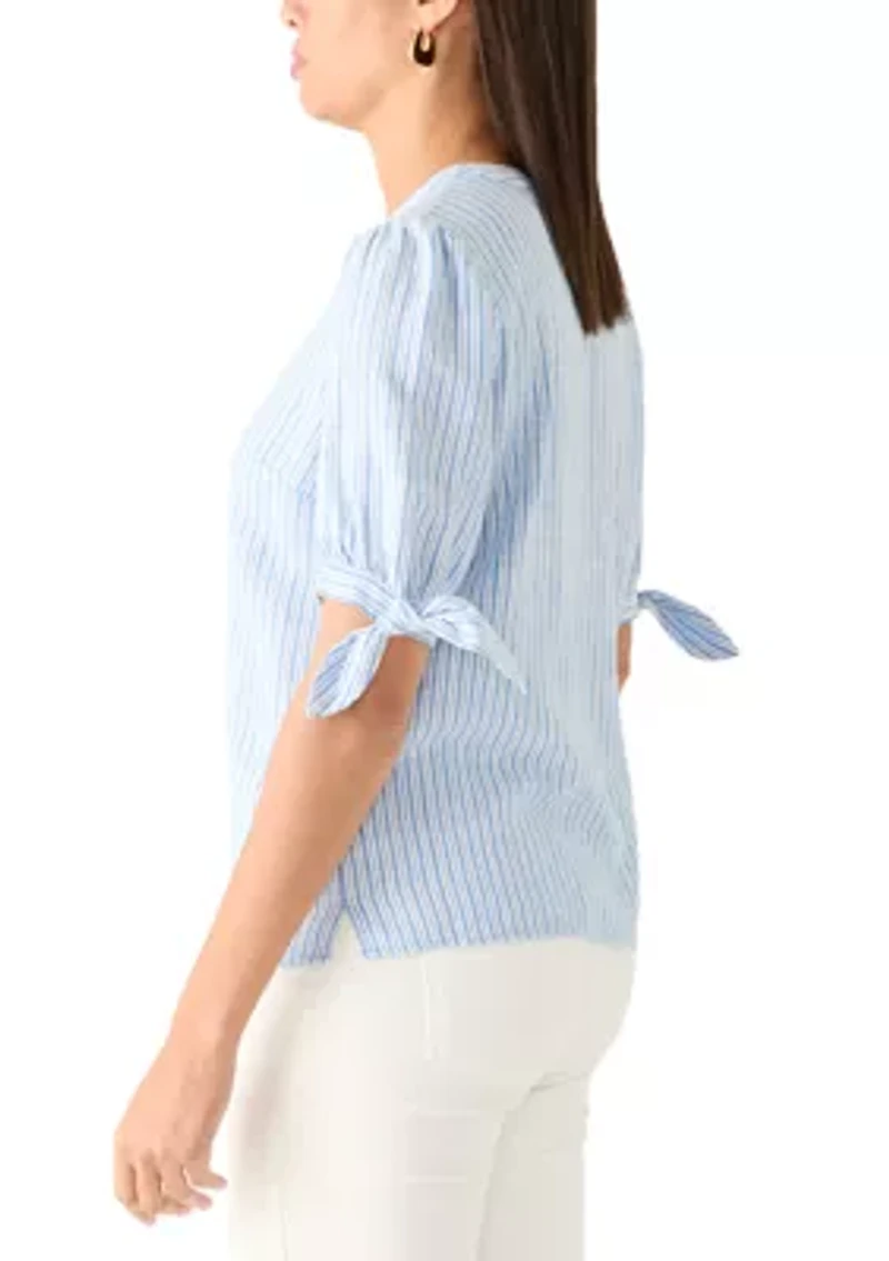 Women's Elbow Sleeves Tie Detail Linen Top