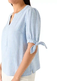 Women's Elbow Sleeves Tie Detail Linen Top