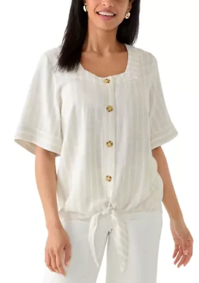 Women's Elbow Sleeve Tie Front Striped Shirt