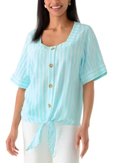 Women's Elbow Sleeve Tie Front Striped Shirt