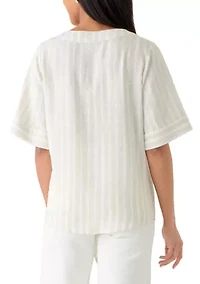 Women's Elbow Sleeve Tie Front Striped Shirt