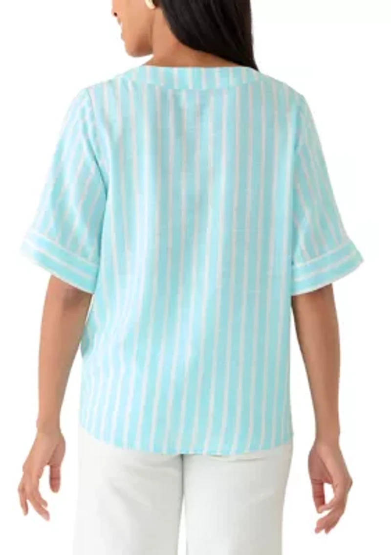 Women's Elbow Sleeve Tie Front Striped Shirt