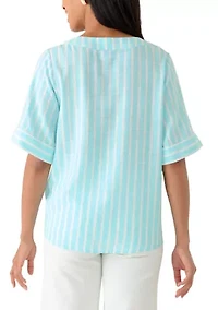 Women's Elbow Sleeve Tie Front Striped Shirt