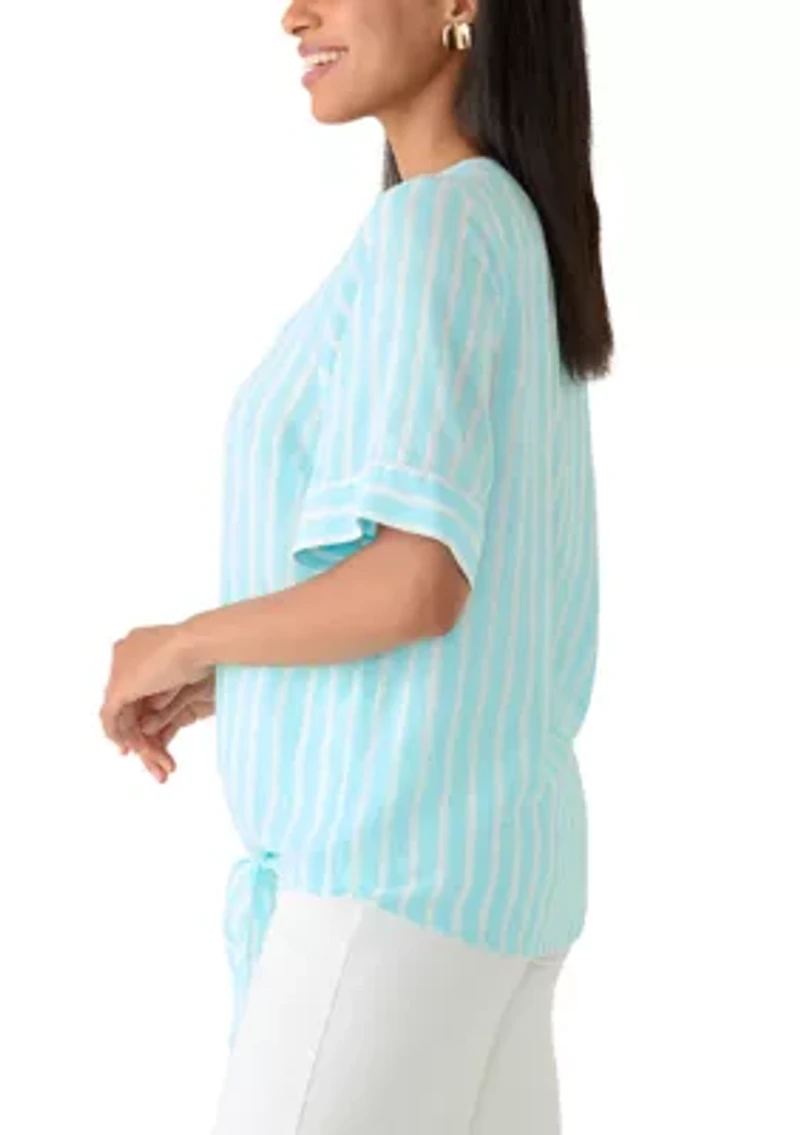 Women's Elbow Sleeve Tie Front Striped Shirt